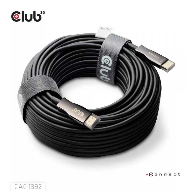 CLUB3D HDMI™ Hybrid AOC kabelis 8K60Hz/4K120Hz 30m / 98,42 pēdas, 30 m, HDMI A tips (standarta), HDMI A tips (standarta), 48 Gbit/s, melns