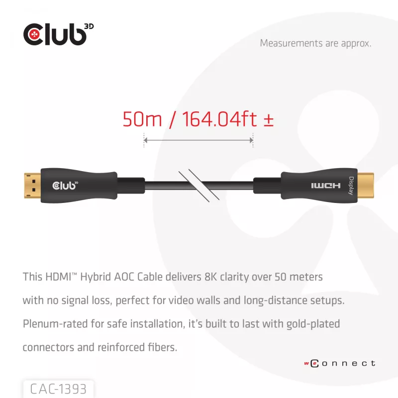 Club 3D HDMI Hybrid AOC kabelis 8K60Hz / 4K120Hz 50 m, HDMI Type A vīrietis–vīrietis
