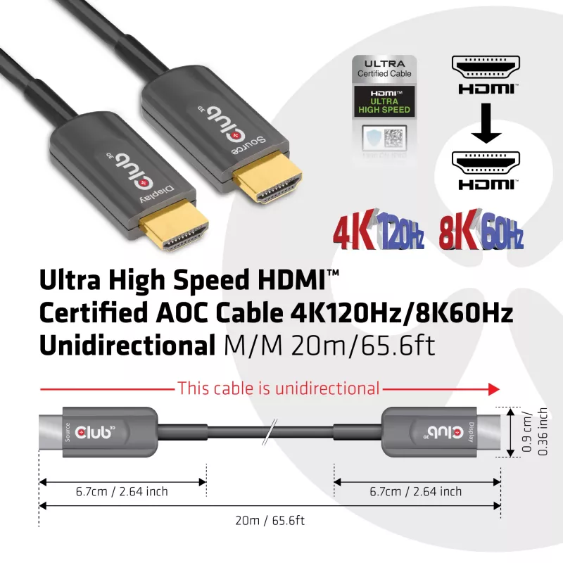 CLUB3D Ultra High Speed HDMI™ Certified AOC kabelis 4K120Hz/8K60Hz vienvirziena M/M 20m/65.6ft