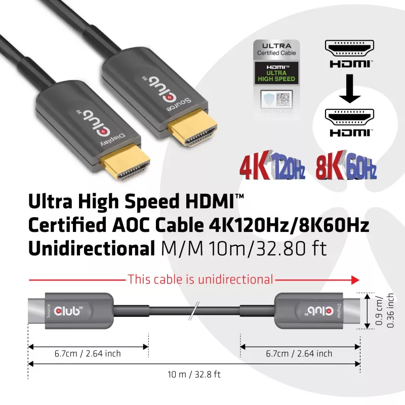 CLUB3D Ultra High Speed HDMI™ sertificēts AOC kabelis 4K120Hz/8K60Hz vienvirziena M/M 10m/32,80pēdas