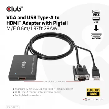 CLUB3D VGA un USB Type-A uz HDMI adapteris ar pigtail kabeli M/F 0,6 m/1,97 pēdas 28AWG