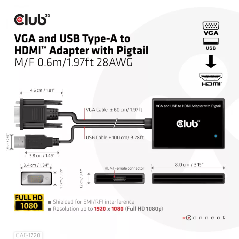 CLUB3D VGA un USB Type-A uz HDMI adapteris ar pigtail kabeli M/F 0,6 m/1,97 pēdas 28AWG
