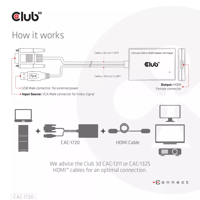 CLUB3D VGA un USB Type-A uz HDMI adapteris ar pigtail kabeli M/F 0,6 m/1,97 pēdas 28AWG