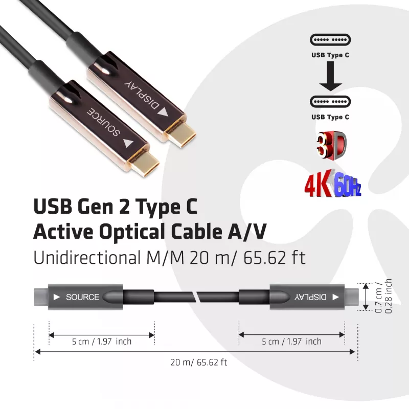 CLUB3D USB Gen 2 Type C aktīvais optiskais kabelis A/V vienvirziena V-V 20 m / 65.62 pēdas