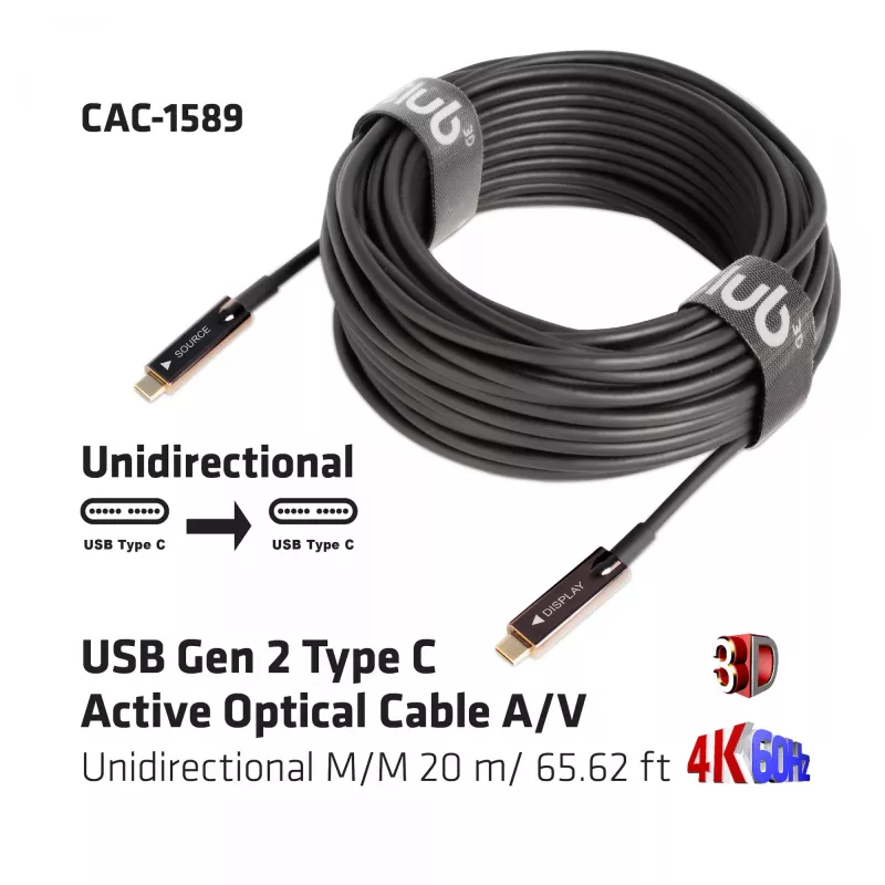 CLUB3D USB Gen 2 Type C aktīvais optiskais kabelis A/V vienvirziena V-V 20 m / 65.62 pēdas