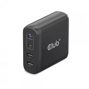 CLUB3D Travel Charger 100W GaN tehnoloģija, četru portu USB Type-A (2x) un -C (2x), Power Delivery (PD) 3.0 atbalsts