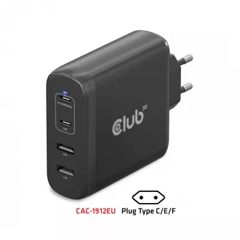 CLUB3D Travel Charger 100W GaN tehnoloģija, četru portu USB Type-A (2x) un -C (2x), Power Delivery (PD) 3.0 atbalsts