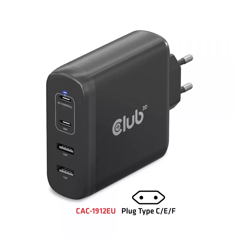 CLUB3D Travel Charger 100W GaN tehnoloģija, četru portu USB Type-A (2x) un -C (2x), Power Delivery (PD) 3.0 atbalsts