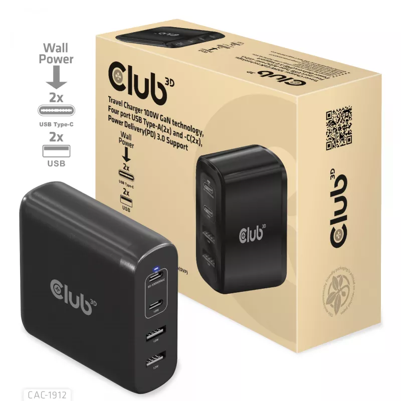 CLUB3D Travel Charger 100W GaN tehnoloģija, četru portu USB Type-A (2x) un -C (2x), Power Delivery (PD) 3.0 atbalsts