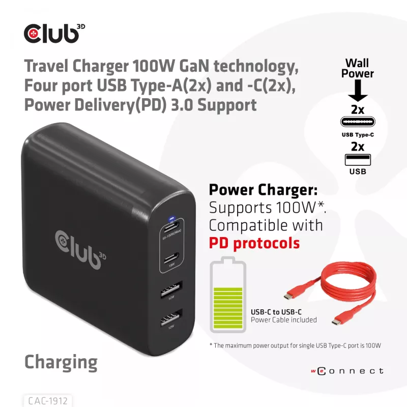 CLUB3D Travel Charger 100W GaN tehnoloģija, četru portu USB Type-A (2x) un -C (2x), Power Delivery (PD) 3.0 atbalsts