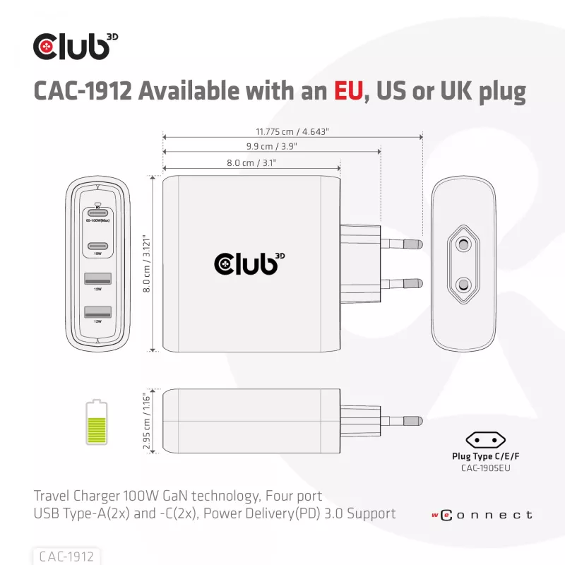 CLUB3D Travel Charger 100W GaN tehnoloģija, četru portu USB Type-A (2x) un -C (2x), Power Delivery (PD) 3.0 atbalsts