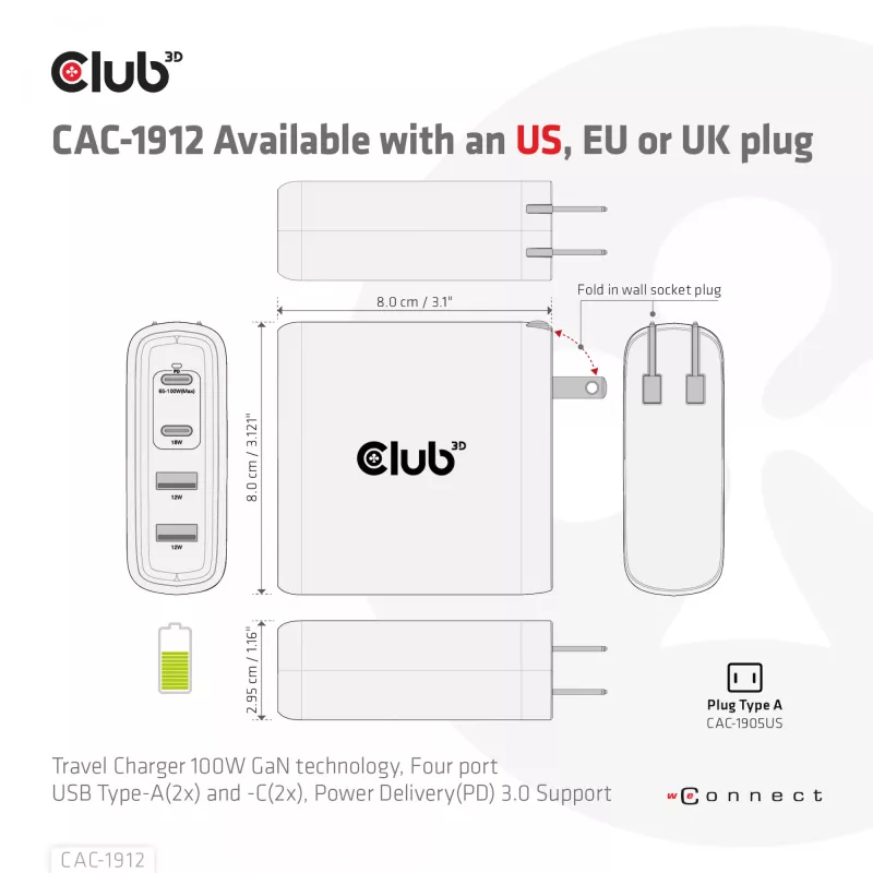 CLUB3D Travel Charger 100W GaN tehnoloģija, četru portu USB Type-A (2x) un -C (2x), Power Delivery (PD) 3.0 atbalsts
