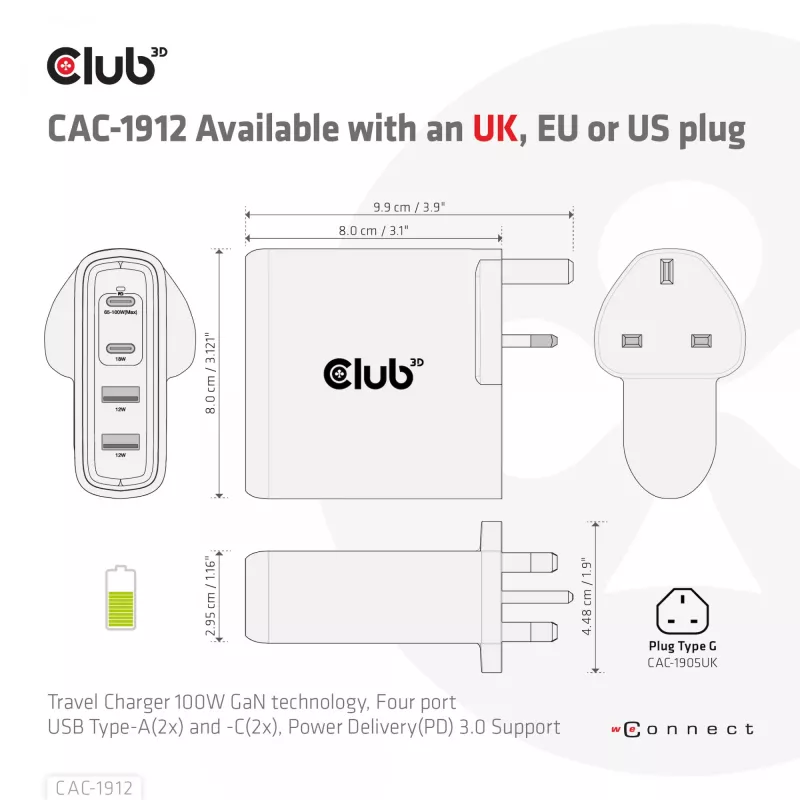 CLUB3D Travel Charger 100W GaN tehnoloģija, četru portu USB Type-A (2x) un -C (2x), Power Delivery (PD) 3.0 atbalsts