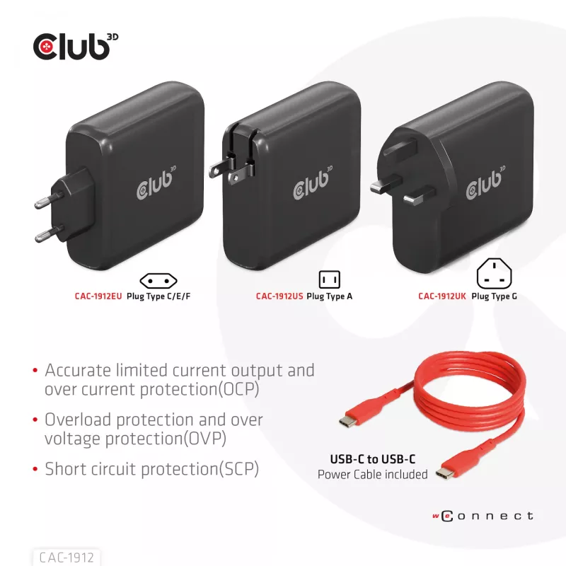 CLUB3D Travel Charger 100W GaN tehnoloģija, četru portu USB Type-A (2x) un -C (2x), Power Delivery (PD) 3.0 atbalsts