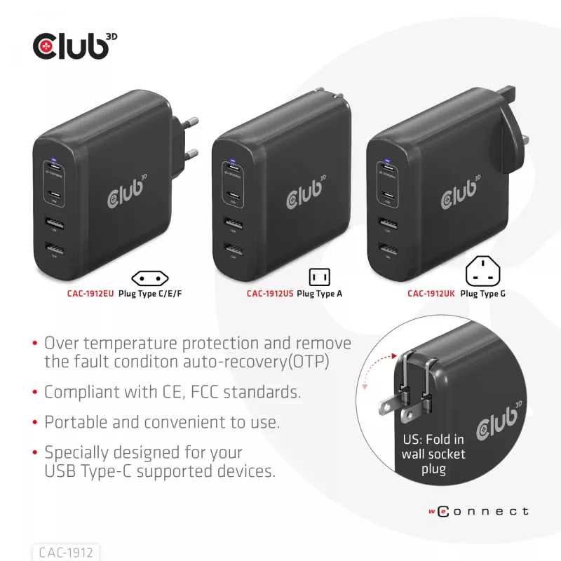 CLUB3D Travel Charger 100W GaN tehnoloģija, četru portu USB Type-A (2x) un -C (2x), Power Delivery (PD) 3.0 atbalsts