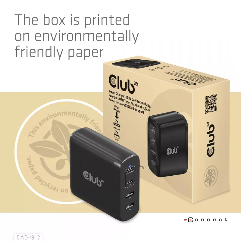 CLUB3D Travel Charger 100W GaN tehnoloģija, četru portu USB Type-A (2x) un -C (2x), Power Delivery (PD) 3.0 atbalsts