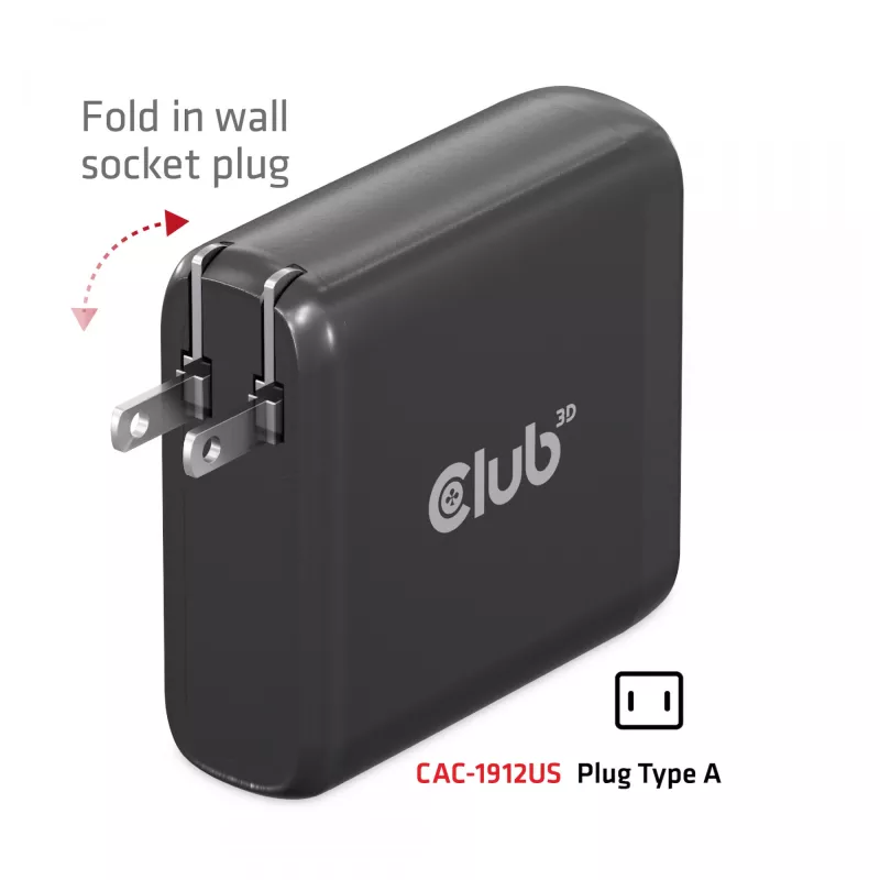 CLUB3D Travel Charger 100W GaN tehnoloģija, četru portu USB Type-A (2x) un -C (2x), Power Delivery (PD) 3.0 atbalsts