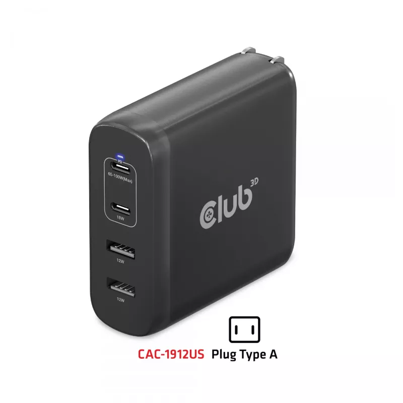 CLUB3D Travel Charger 100W GaN tehnoloģija, četru portu USB Type-A (2x) un -C (2x), Power Delivery (PD) 3.0 atbalsts