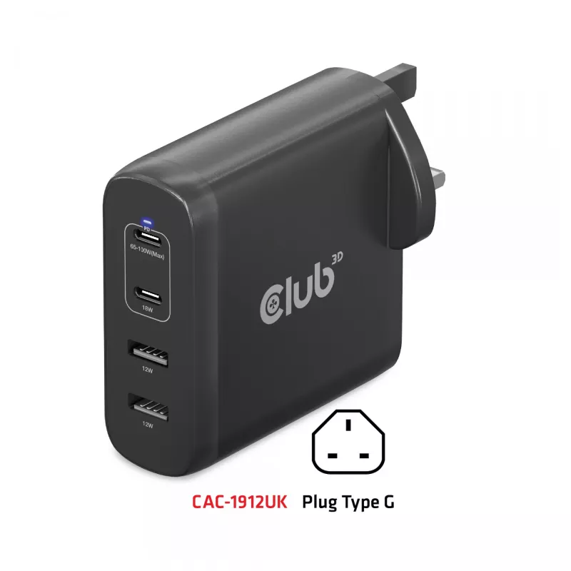 CLUB3D Travel Charger 100W GaN tehnoloģija, četru portu USB Type-A (2x) un -C (2x), Power Delivery (PD) 3.0 atbalsts