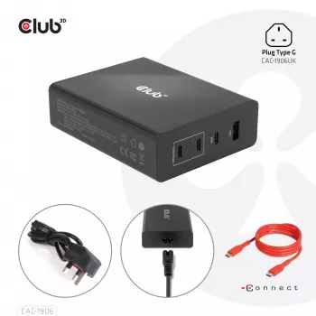 CLUB3D ceļojumu lādētājs 132W, GAN tehnoloģija, četras pieslēgvietas USB Type-A un -C, Power Delivery(PD) 3.0 atbalsts