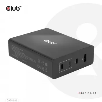 CLUB3D ceļojumu lādētājs 132W, GAN tehnoloģija, četras pieslēgvietas USB Type-A un -C, Power Delivery(PD) 3.0 atbalsts