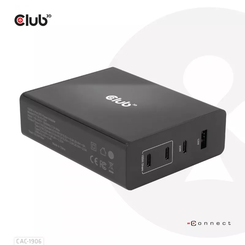 CLUB3D ceļojumu lādētājs 132W, GAN tehnoloģija, četras pieslēgvietas USB Type-A un -C, Power Delivery(PD) 3.0 atbalsts