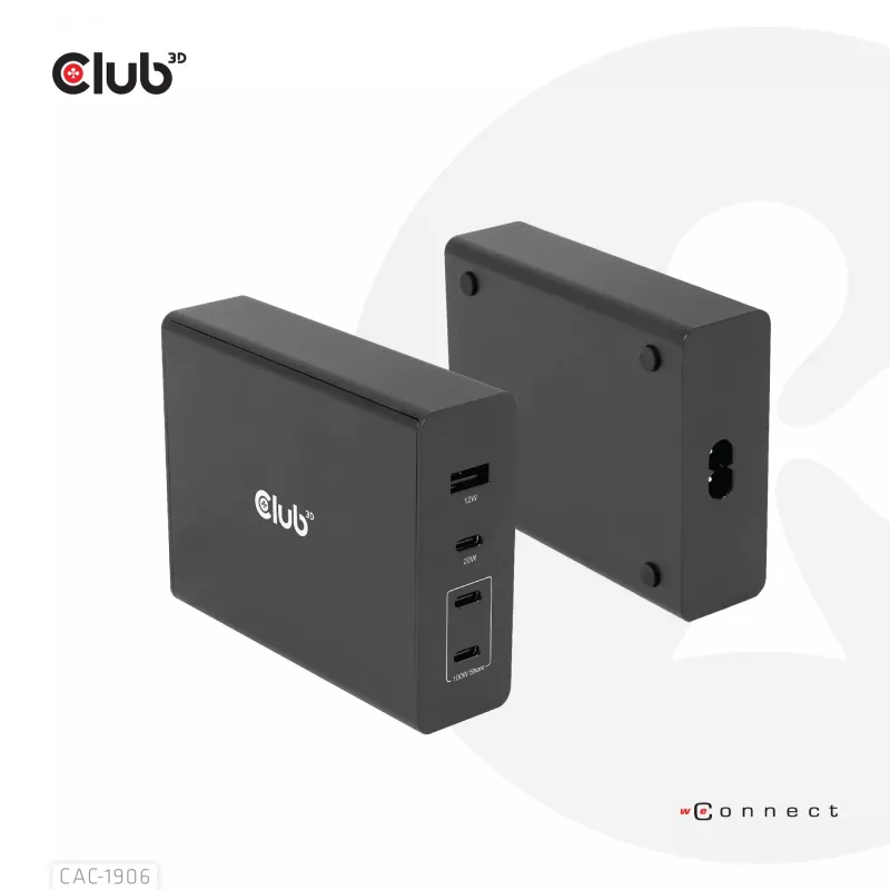 CLUB3D ceļojumu lādētājs 132W, GAN tehnoloģija, četras pieslēgvietas USB Type-A un -C, Power Delivery(PD) 3.0 atbalsts