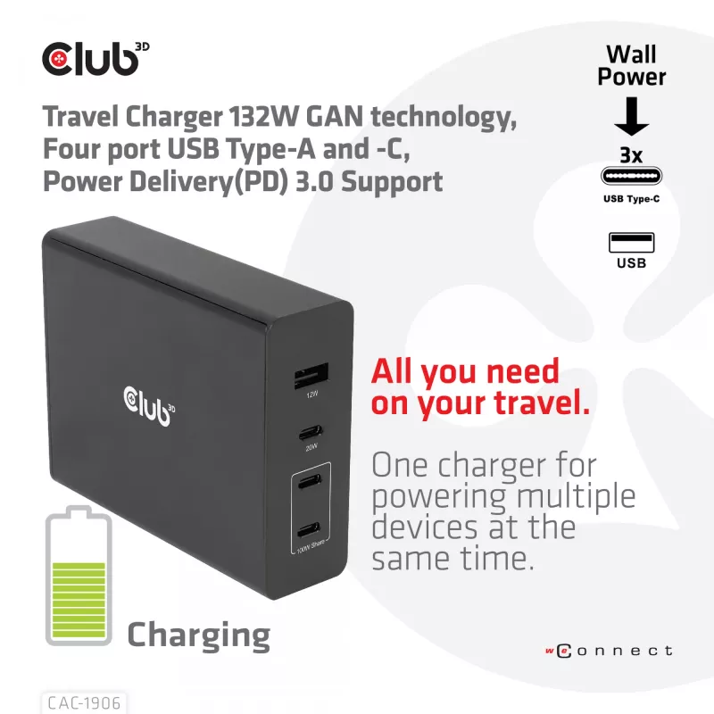 CLUB3D ceļojumu lādētājs 132W, GAN tehnoloģija, četras pieslēgvietas USB Type-A un -C, Power Delivery(PD) 3.0 atbalsts