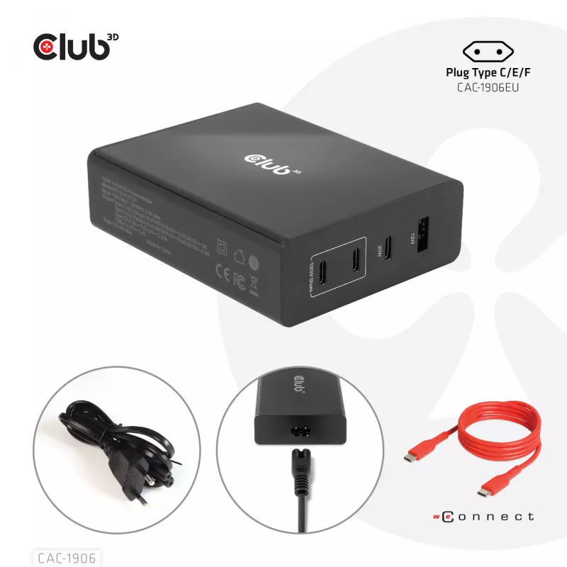 CLUB3D ceļojumu lādētājs 132W, GAN tehnoloģija, četras pieslēgvietas USB Type-A un -C, Power Delivery(PD) 3.0 atbalsts