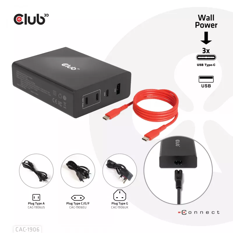 CLUB3D ceļojumu lādētājs 132W, GAN tehnoloģija, četras pieslēgvietas USB Type-A un -C, Power Delivery(PD) 3.0 atbalsts