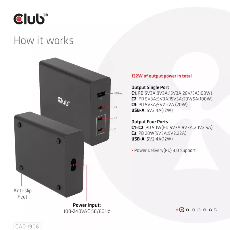 CLUB3D ceļojumu lādētājs 132W, GAN tehnoloģija, četras pieslēgvietas USB Type-A un -C, Power Delivery(PD) 3.0 atbalsts