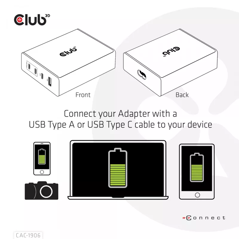 CLUB3D ceļojumu lādētājs 132W, GAN tehnoloģija, četras pieslēgvietas USB Type-A un -C, Power Delivery(PD) 3.0 atbalsts