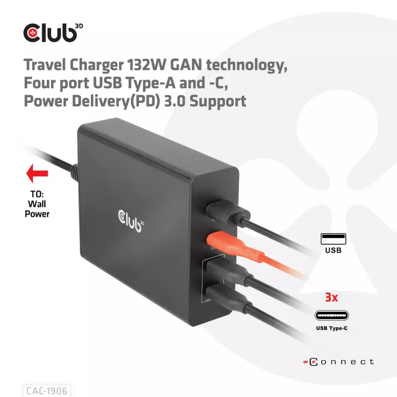 CLUB3D ceļojumu lādētājs 132W, GAN tehnoloģija, četras pieslēgvietas USB Type-A un -C, Power Delivery(PD) 3.0 atbalsts