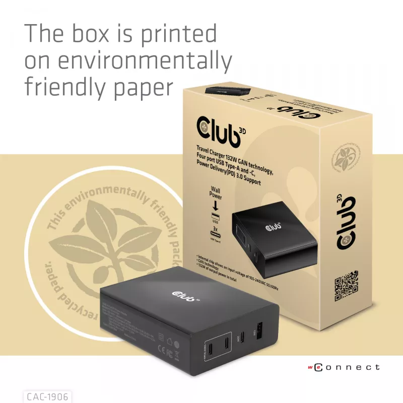 CLUB3D ceļojumu lādētājs 132W, GAN tehnoloģija, četras pieslēgvietas USB Type-A un -C, Power Delivery(PD) 3.0 atbalsts
