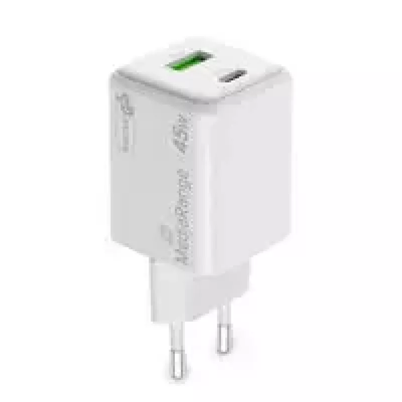 MediaRange MRMA113-2 USB-C 45W maiņstrāvas iekštelpu lādētājs viedtālrunim un planšetdatoram, balts, ieeja 100–240V