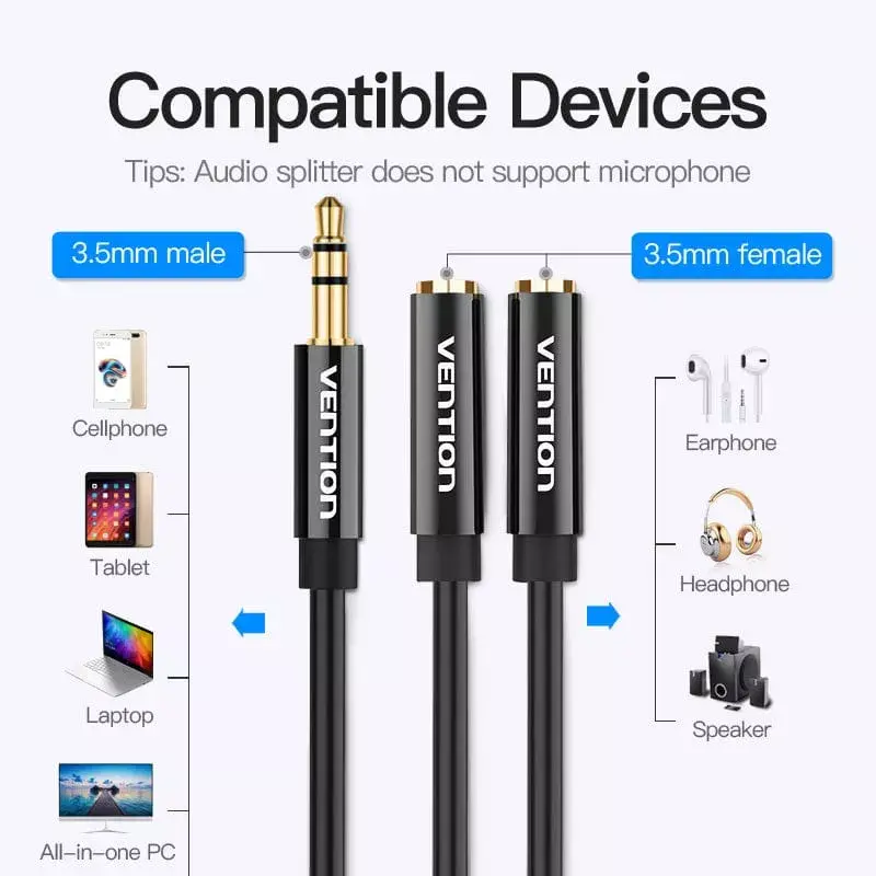 Vention 3,5 mm vīrieša uz 2*3,5 mm sieviešu stereo sadalītāja kabelis 0,3 m melns ABS