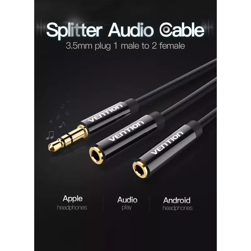 Vention 3,5 mm vīrieša uz 2*3,5 mm sieviešu stereo sadalītāja kabelis 0,3 m melns ABS