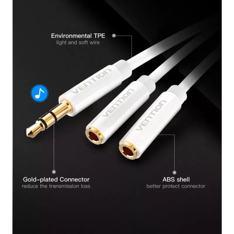 Vention 3,5 mm vīrieša uz 2*3,5 mm sieviešu stereo sadalītāja kabelis 0,3 m melns ABS