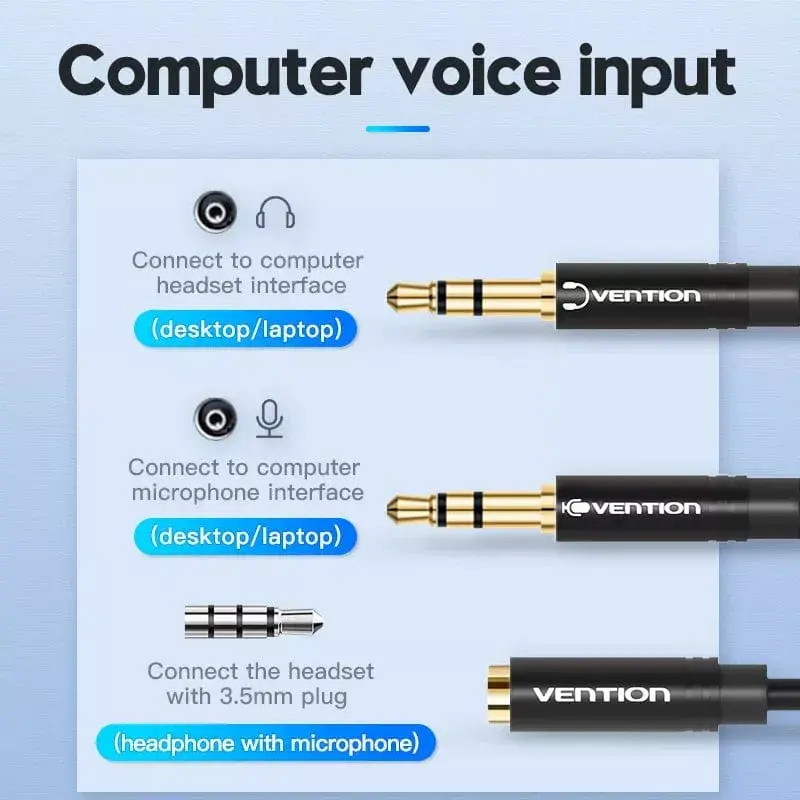 Audio adaptera kabelis Vention 2×3,5 mm vīrišķais uz 4-polu 3,5 mm sievišķo, 0,3 m, melns
