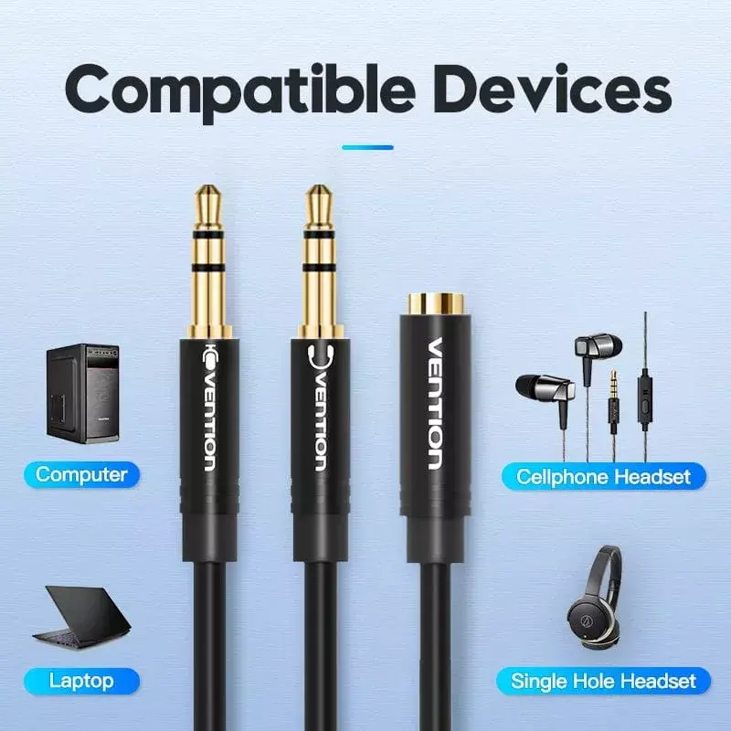 Audio adaptera kabelis Vention 2×3,5 mm vīrišķais uz 4-polu 3,5 mm sievišķo, 0,3 m, melns