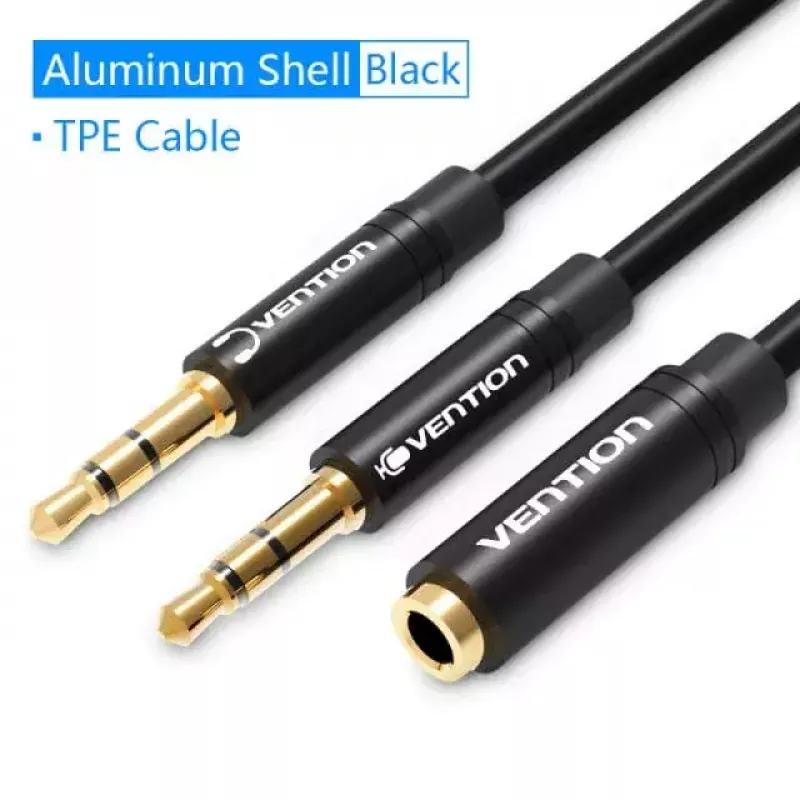 Audio adaptera kabelis Vention 2×3,5 mm vīrišķais uz 4-polu 3,5 mm sievišķo, 0,3 m, melns