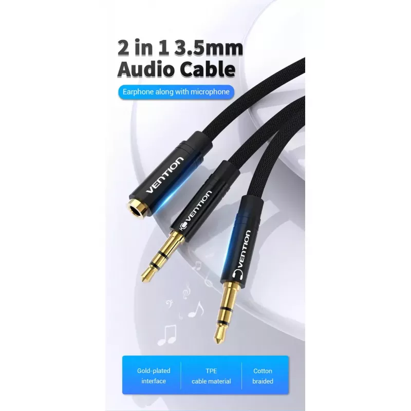 Audio adaptera kabelis Vention 2×3,5 mm vīrišķais uz 4-polu 3,5 mm sievišķo, 0,3 m, melns