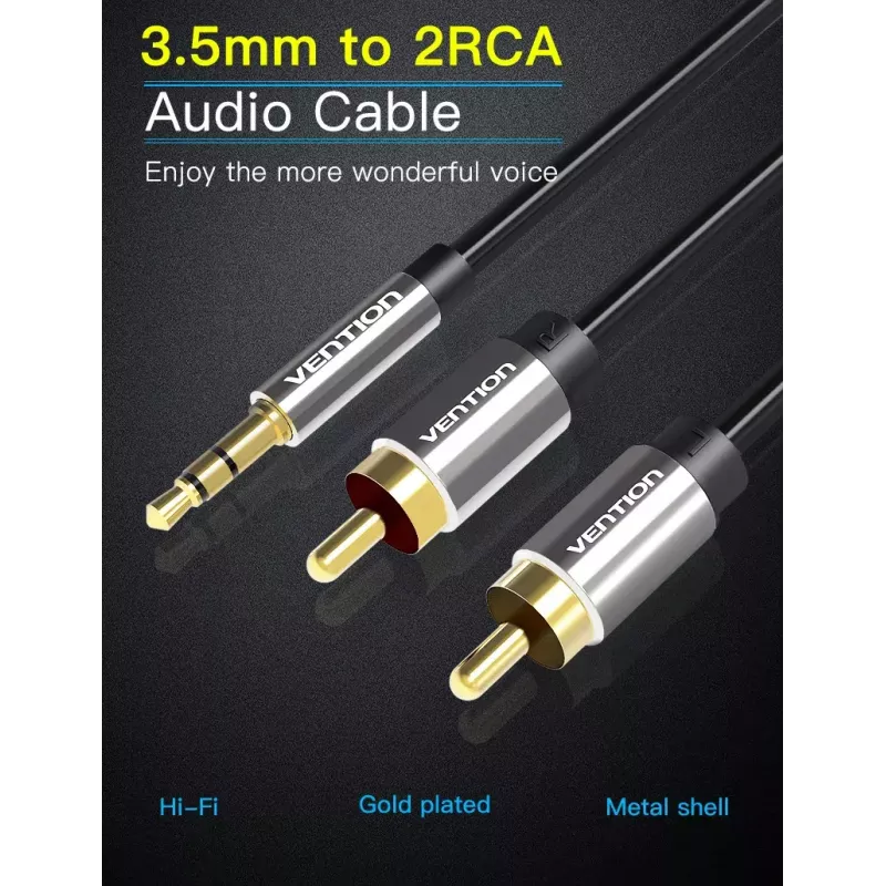 Audio kabelis Vention 3,5 mm TRRS (vīr.) uz 2×RCA (vīr.), 2 m, melns