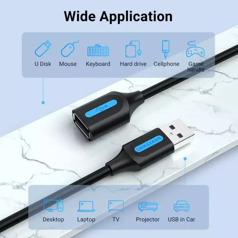 Vention USB 2.0 A vīrieša–A sieviešu tipa pagarinātājs, 2 m, melns, PVC