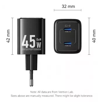 Vention FEFW0-EU maiņstrāvas iekštelpu ātrais lādētājs 45 W, 2x USB-C, saderīgs ar viedtālruņiem, klēpjdatoriem, planšetdatoriem, viedpulksteņiem, austiņām, balts