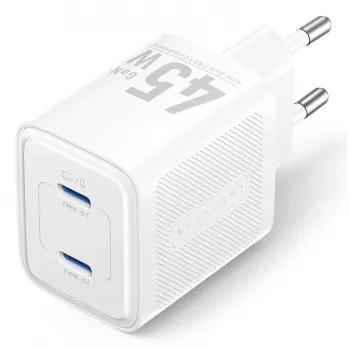 Vention FEFW0-EU maiņstrāvas iekštelpu ātrais lādētājs 45 W, 2x USB-C, saderīgs ar viedtālruņiem, klēpjdatoriem, planšetdatoriem, viedpulksteņiem, austiņām, balts