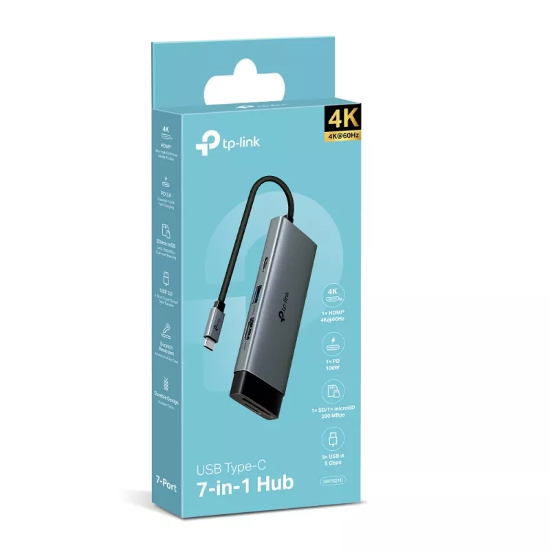 USB-C centrmezgls TP-Link UH7021C — HDMI, USB 3.2 Gen1, USB 2.0, SD/microSD, 5000 Mbit/s, alumīnijs, melns