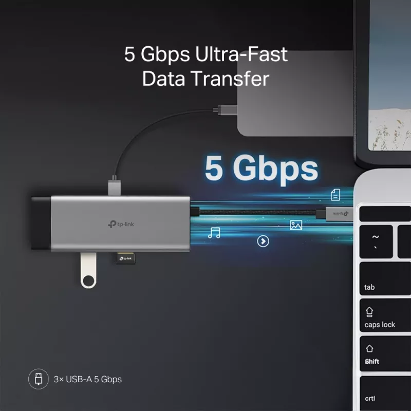 USB-C centrmezgls TP-Link UH7021C — HDMI, USB 3.2 Gen1, USB 2.0, SD/microSD, 5000 Mbit/s, alumīnijs, melns