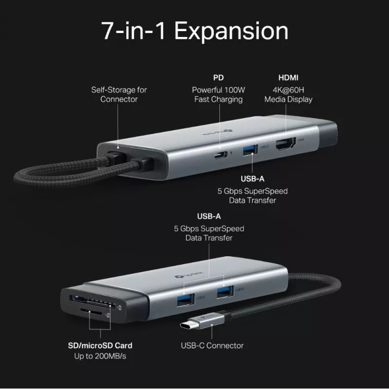 USB-C centrmezgls TP-Link UH7021C — HDMI, USB 3.2 Gen1, USB 2.0, SD/microSD, 5000 Mbit/s, alumīnijs, melns