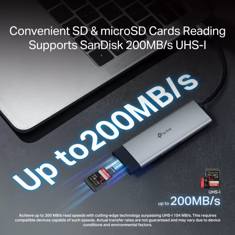 USB-C centrmezgls TP-Link UH7021C — HDMI, USB 3.2 Gen1, USB 2.0, SD/microSD, 5000 Mbit/s, alumīnijs, melns
